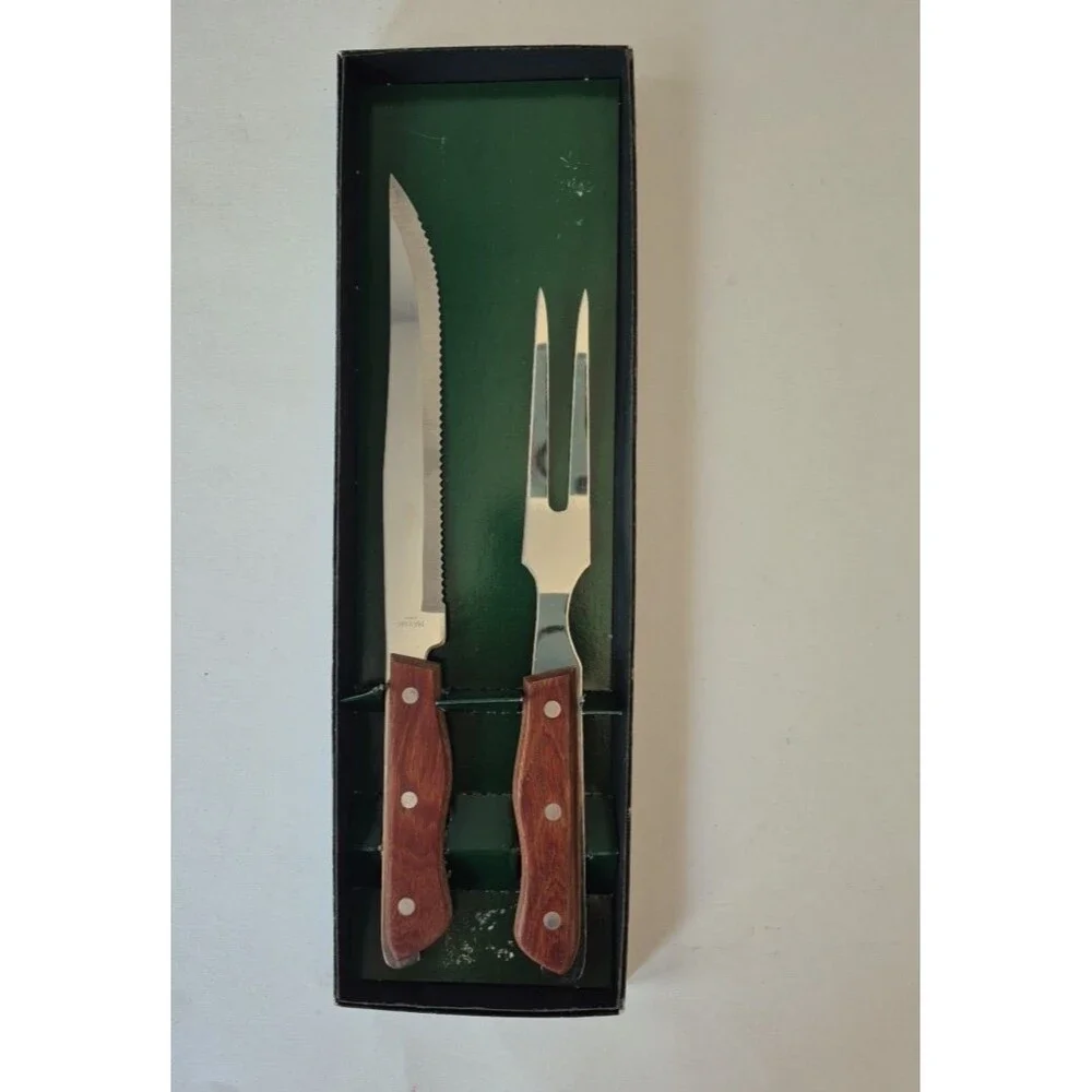Maxam VTG Stainless Steel Wooden Carving Fork and Knife Set in Original Box CTCF
